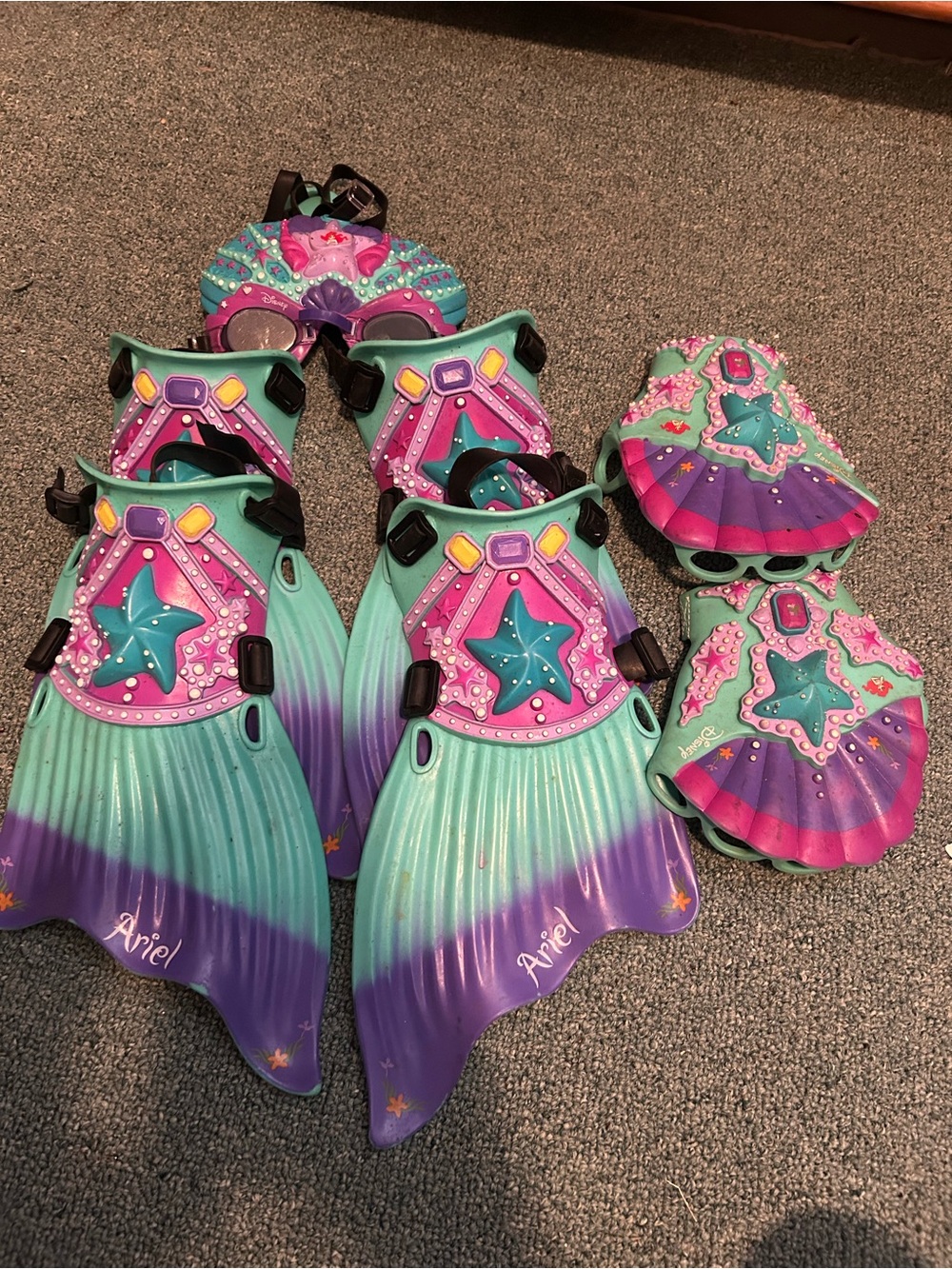 7 piece Disney Metmaid Swim Fins and goggles Set - Turquoise Purple Pink